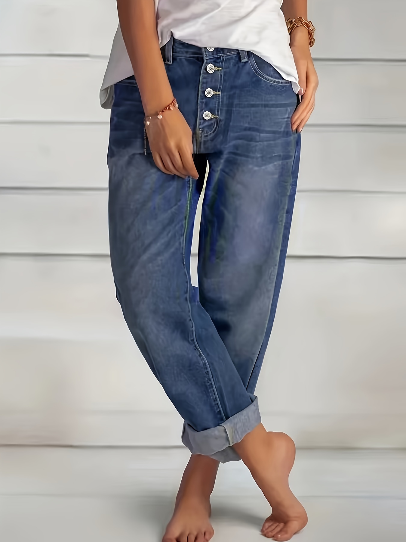 womens single breasted casual jeans comfort fit denim button fly full length trousers daily wear fashion apparel details 0