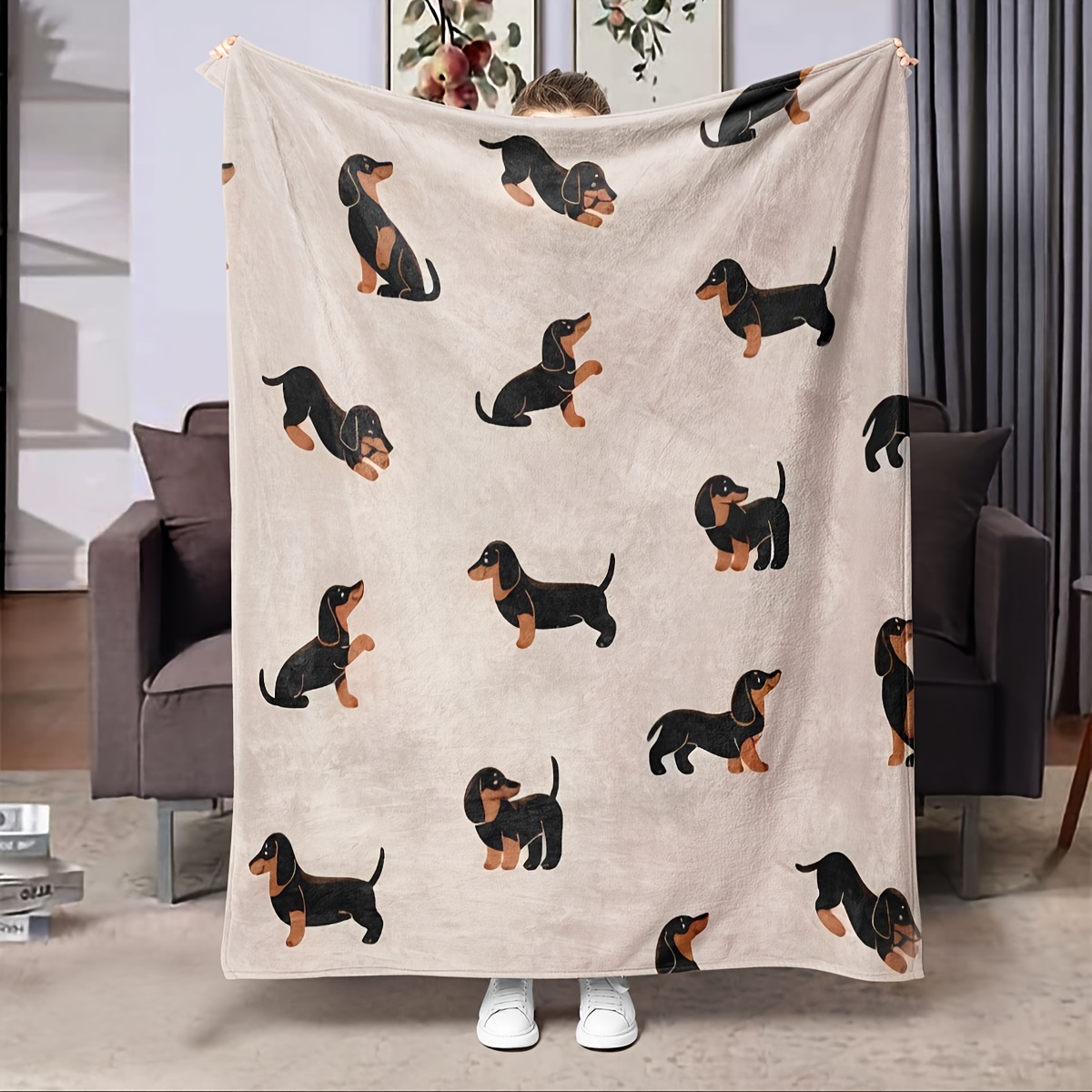 

1pc Dachshund Flannel Blanket, Merry Christmas Happy New Year Gift Blanket, Soft Blanket Living Room, Bedroom, Sofa Decoration, 200-250g, Contemporary Style, Digital Printing Warm Gifts For