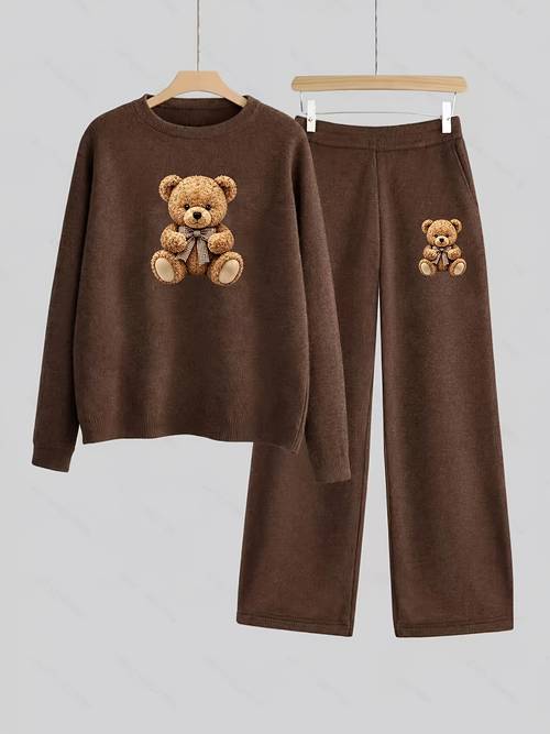 item picture womens fashion cartoon bear print round neck sweater set