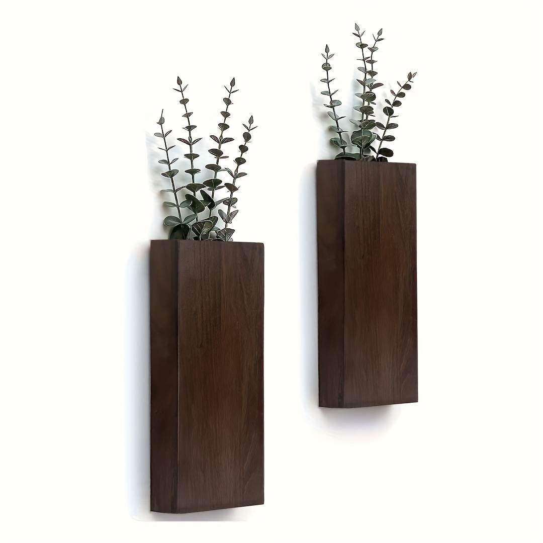 Image of 2pcs Rustic Wooden Wall Planters - Perfect For & Dried Flowers, Indoor Hanging Vases For Living Room, Bedroom, Bathroom, Home Office Decor