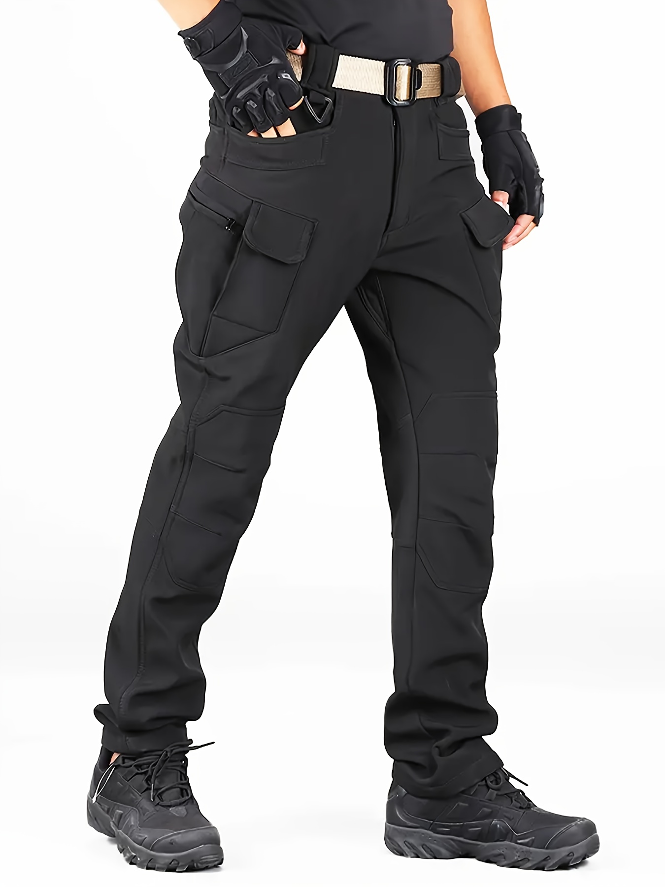 mens olive green windproof soft shell pants with fleece lining multi pocket polyester spandex blend for hiking cycling weatherresistant pants regular fit pants softshell hiking gear details 7