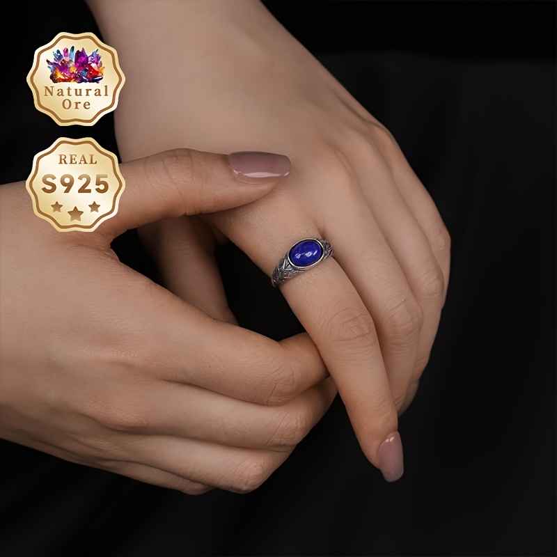 Women's 925 Silver Lapis Lazuli Ring, Adjustable Open-End