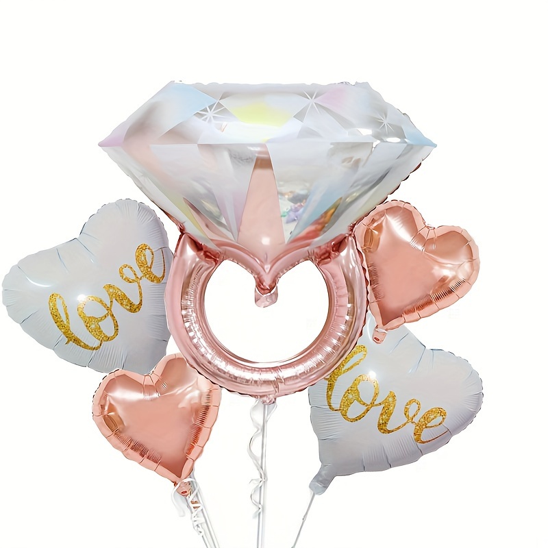 

5-piece Love Heart & Diamond Ring Foil Balloons Set - Perfect For Weddings, Anniversaries, Proposals, Bachelorette Parties & Valentine's Day Decorations