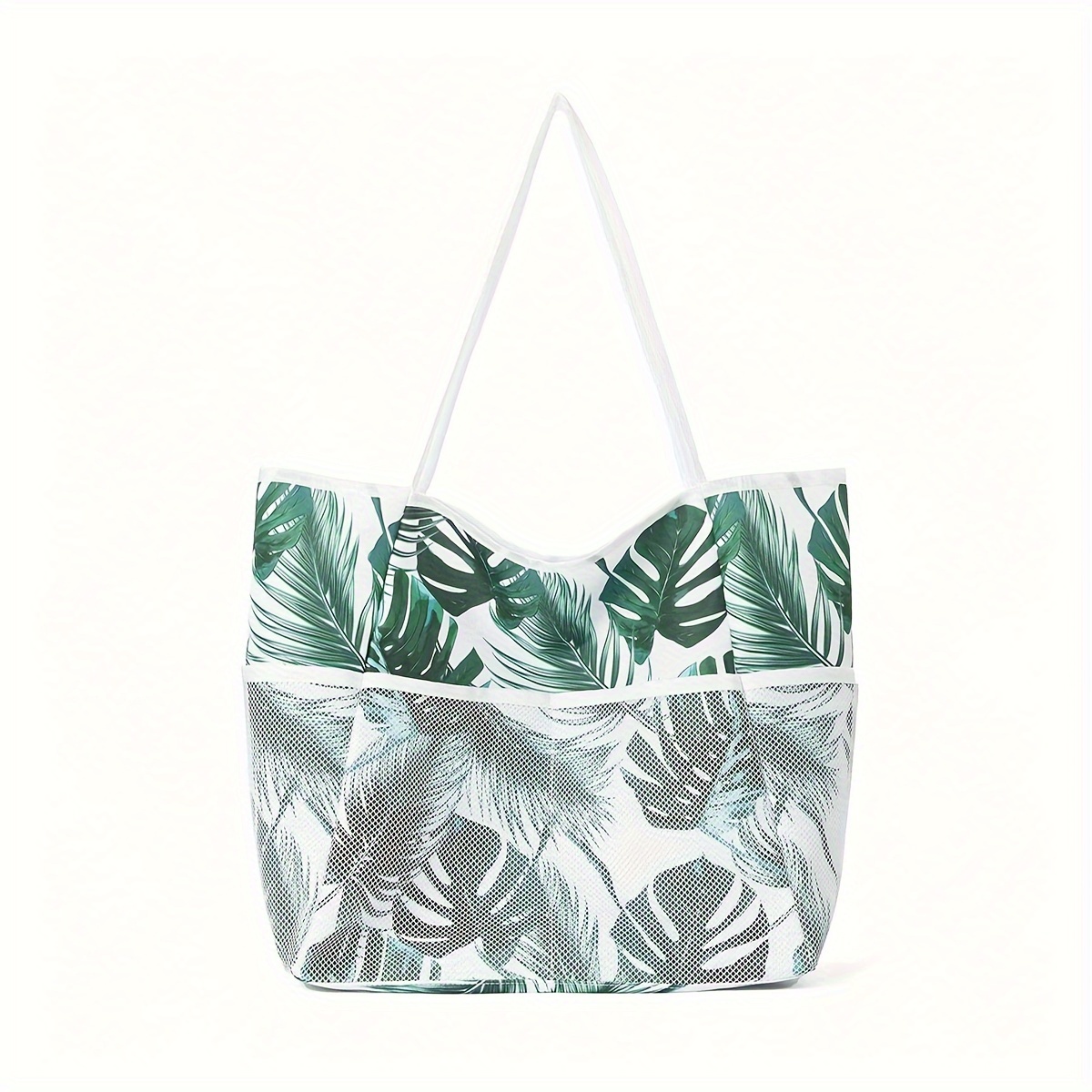 

Mesh Beach Bag Large Capacity Travel Storage Bag, Monstera Leaves Print Tote Bag With Mesh Pockets, For Daily Commute