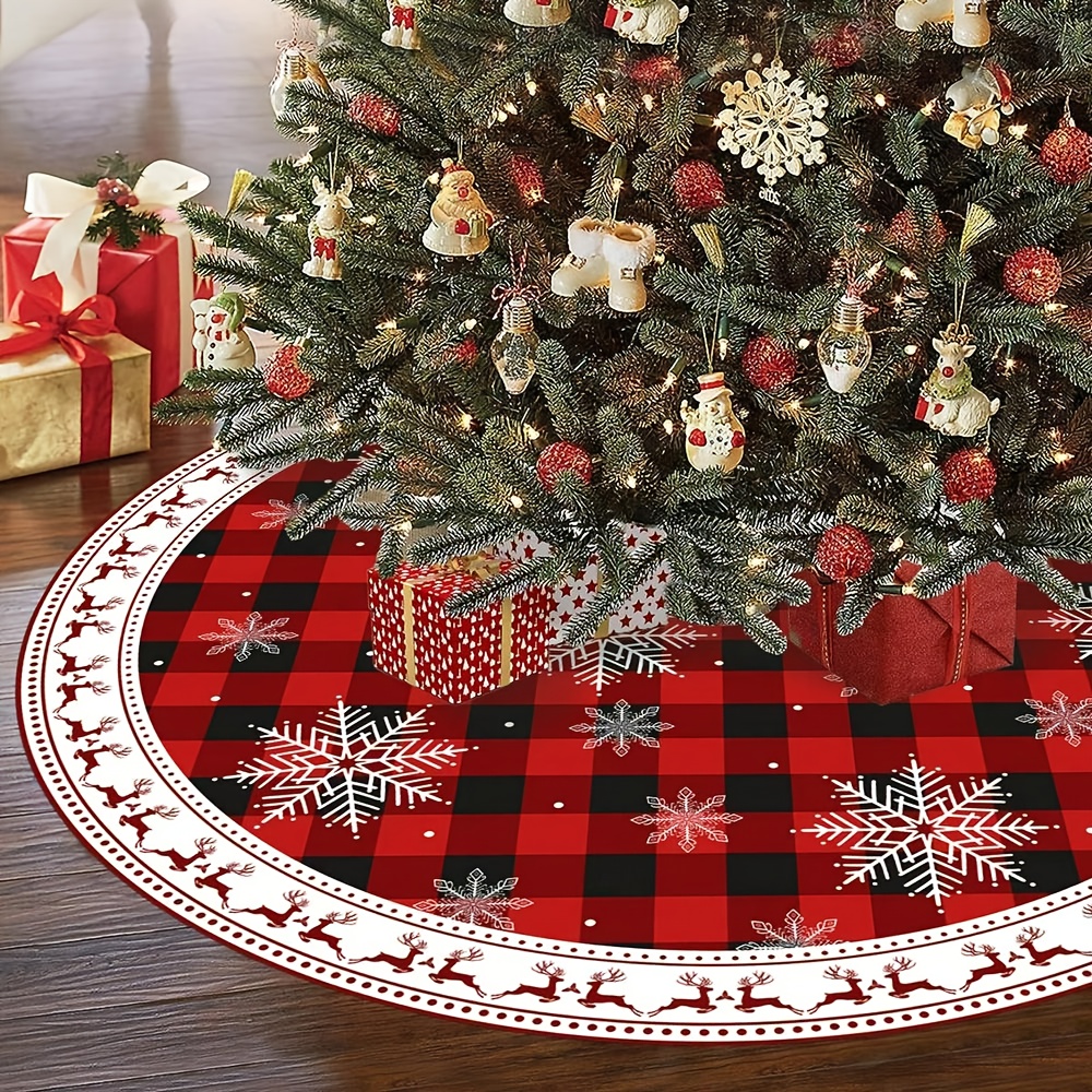 TEMU 1pc Christmas-themed Tree Skirt, Red And Black Grid With Snowflake And Reindeer Design, Suitable For Christmas Tree Or Table Mat Decoration