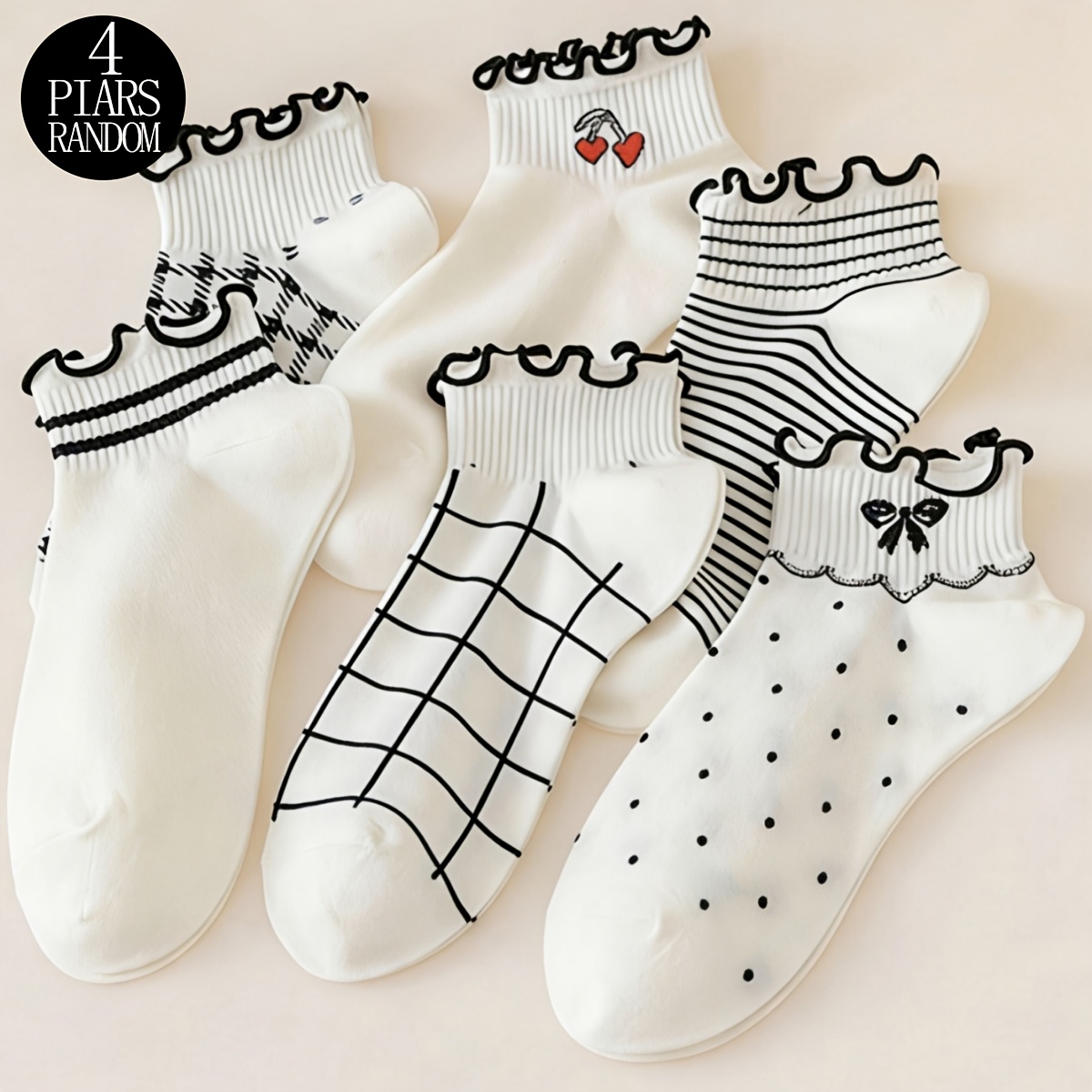 TEMU Random 4 Pairs Women's Ankle Socks With Lace Trim, Polka Dot Cherry Comfortable Breathable Moisture-wicking Cute Fun Individual Novelty Suitable