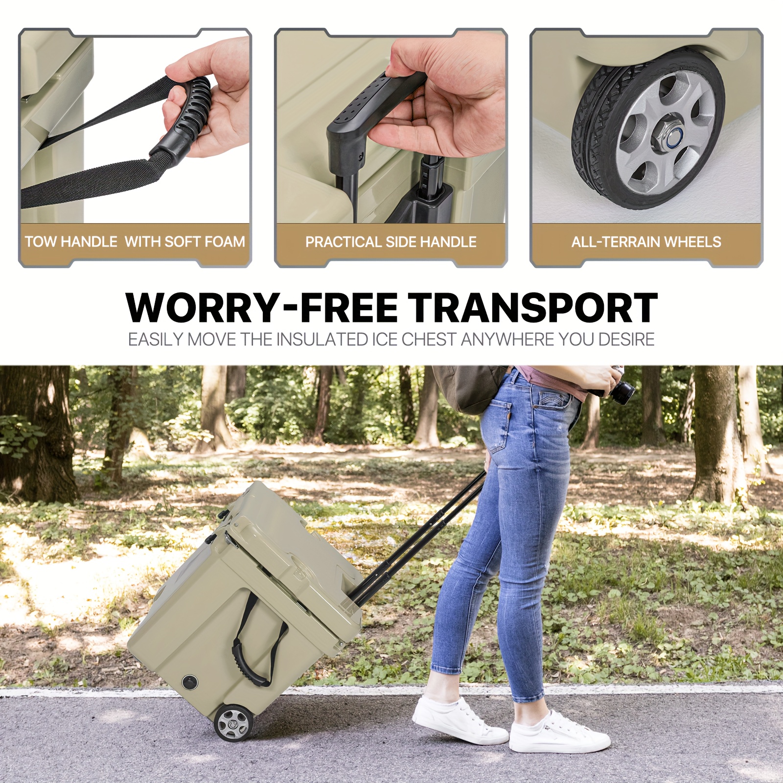 72 Can 42 Quart Towable Ice Chest with Wheels and Cup Holder, Outdoor Picnic Camping Hard Cooler