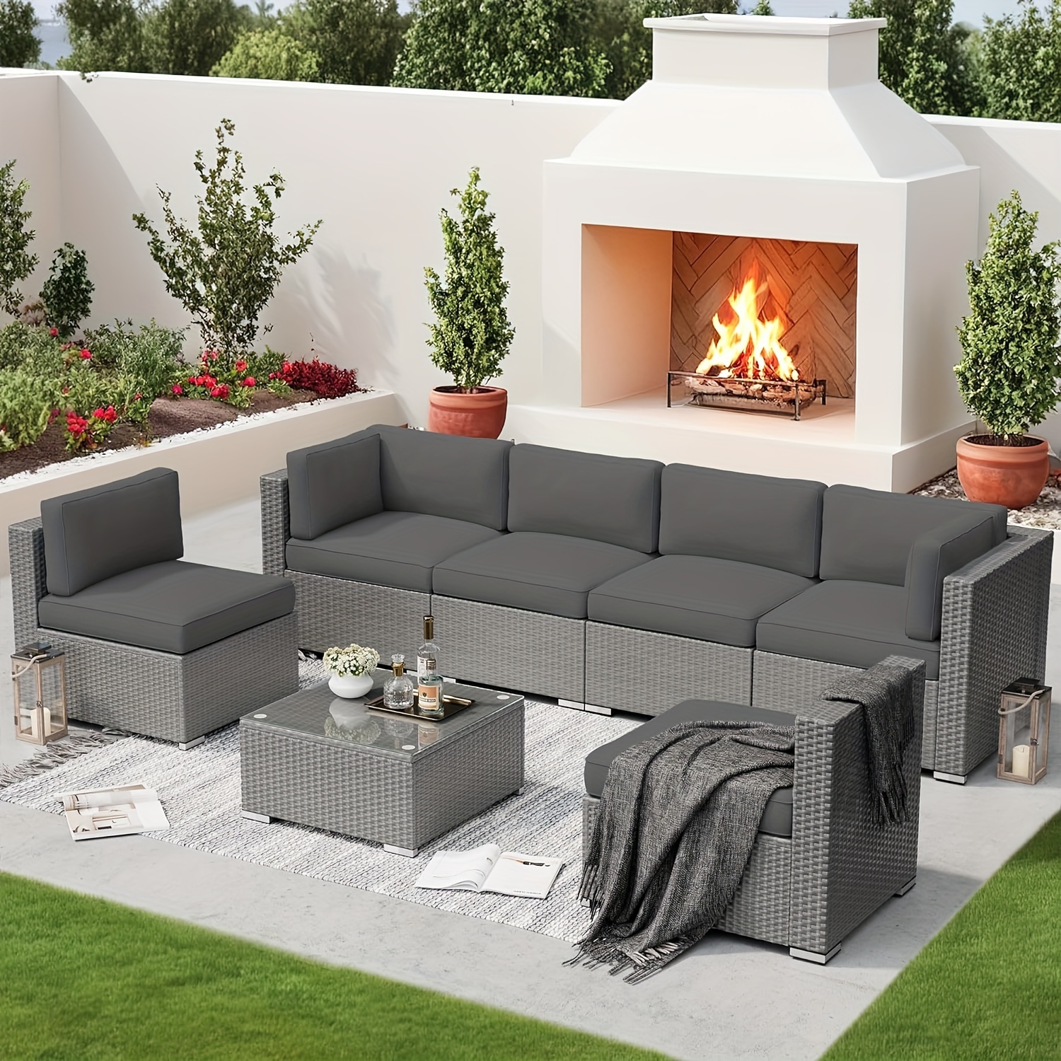 

7-piece Outdoor Patio Furniture Set Outdoor Sectional Sofa Grey Wicker Conversation Sofa Set With Coffee Table And Cushions, Dark Grey