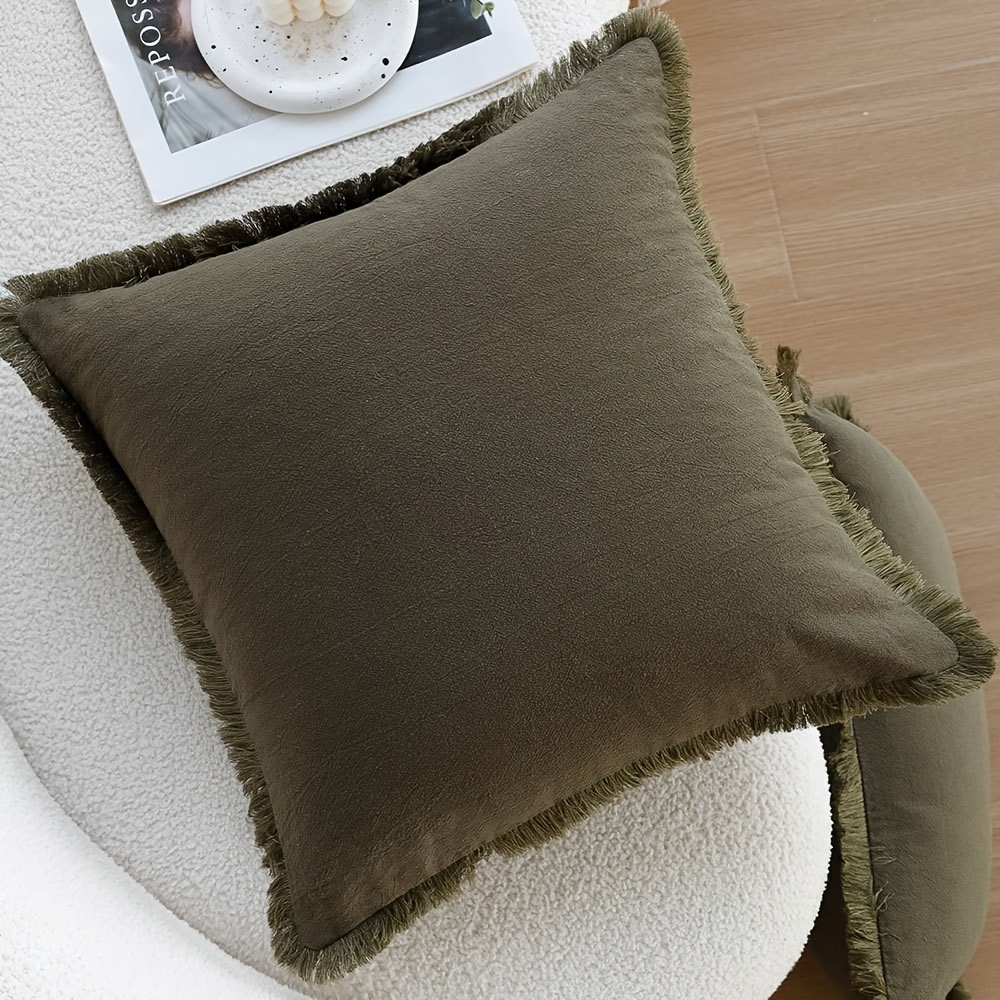 1pc Olive Green Tassel Decorative Cushion Cover, Soft Breathable Pillowcase Suitable For Living Room, Sofa, And Bedroom, No Core