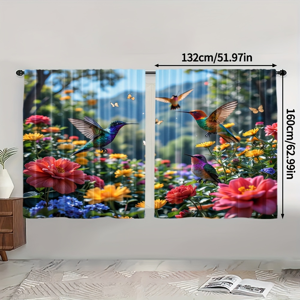 TEMU 2pcs, Hummingbirds Butterflies Bright Curtains, Machine Washable Polyester (rodless, Battery-free) Use For Room Office Bedroom Home Decoration