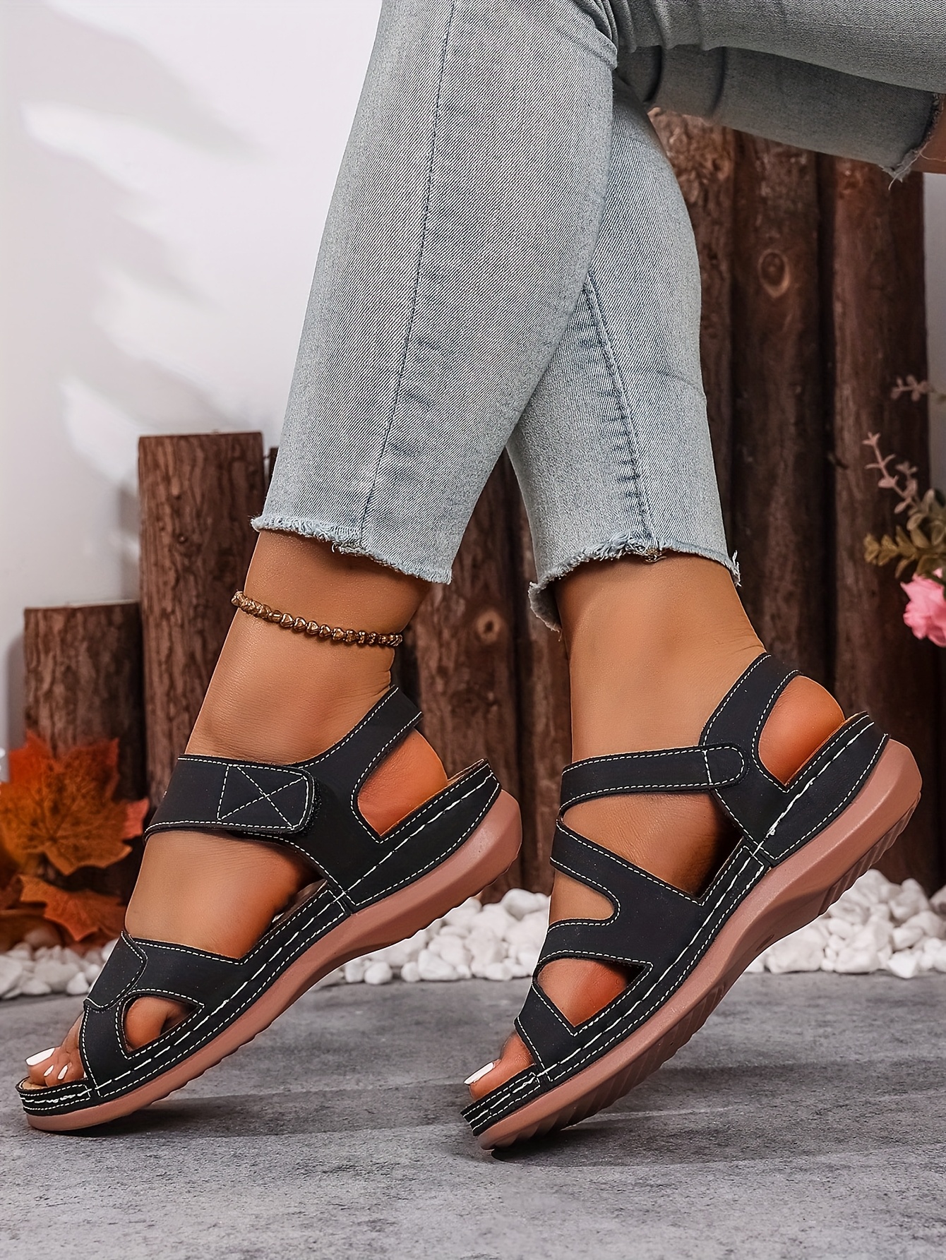 ladies summer lightweight sandals stylish and simple flat shoes solid color large size adjustable magic strap handmade shoes adjustable comfortable   toe womens sandals Product details 5