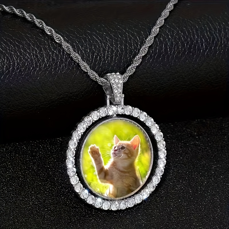 TEMU 1pc Double-sided Customizable Rotating Diy Photo Pendant, Personalized Photo Album Necklace Jewelry Gift, Fashionable With Glass Dome Inlay,
