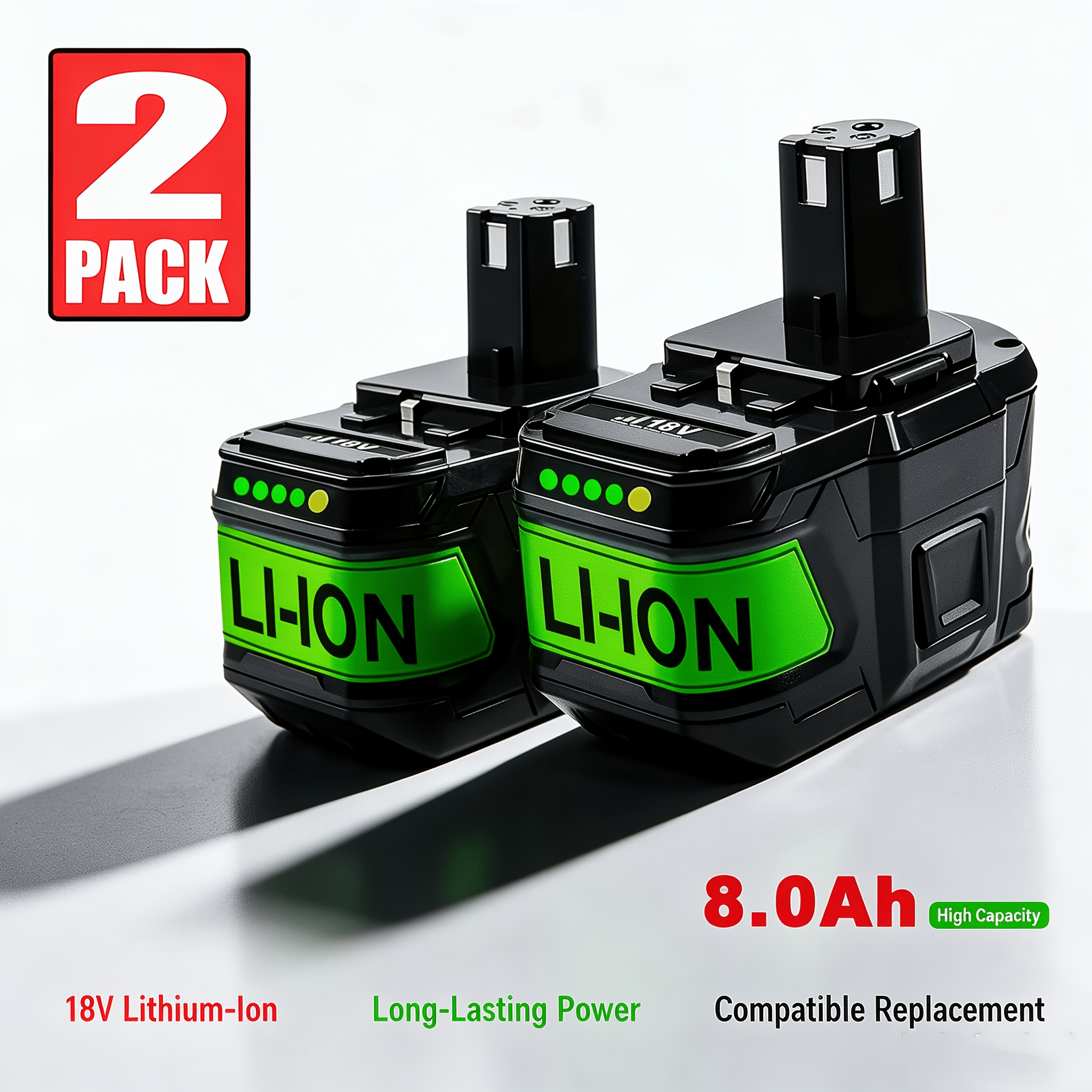 TEMU 8.0ah 18v 2 Pack P108 Replacement Battery For Ryobi 18 Volt 8000mah High Capacity Batteries Replace Ryobi 18v P104 P105 P107 P108 P109 Batteries