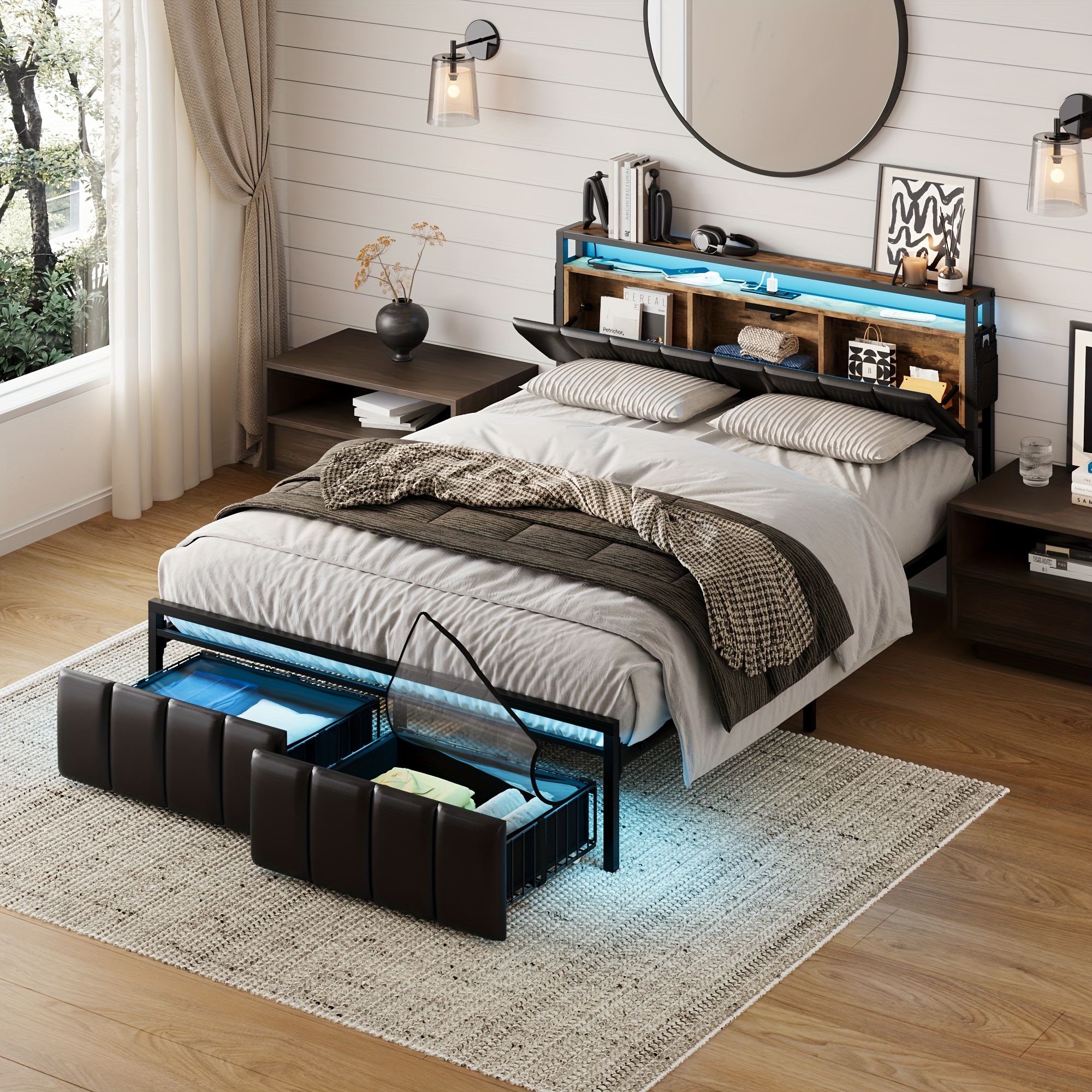 TEMU Led Bed Frame , Pu Bed 2 Dustproof Drawers, 2 Shelves , Led , Steel , Needed, -free,