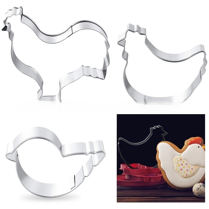 TEMU 3pcs Rooster Hen Chick Cookie Cutter, Chicken Animal Stainless Steel Biscuit Mold, Baking, Farm Theme Fondant Stamp, Dessert Mold Kitchen