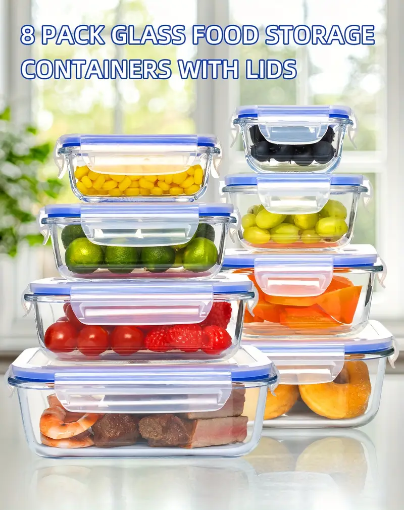 16 pieces glass meal prep container with lids lunch containers for food storage airtight kitchen container for microwave freezer and dishwasher safe 8 lids 8 glass containers Product details 0