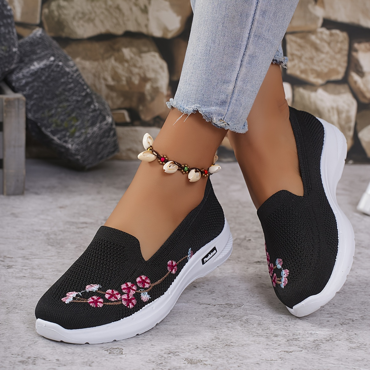 ladies casual outdoor running and walking shoes with embroidered double layered soles easy to put on and   made of knitted fabric details 11