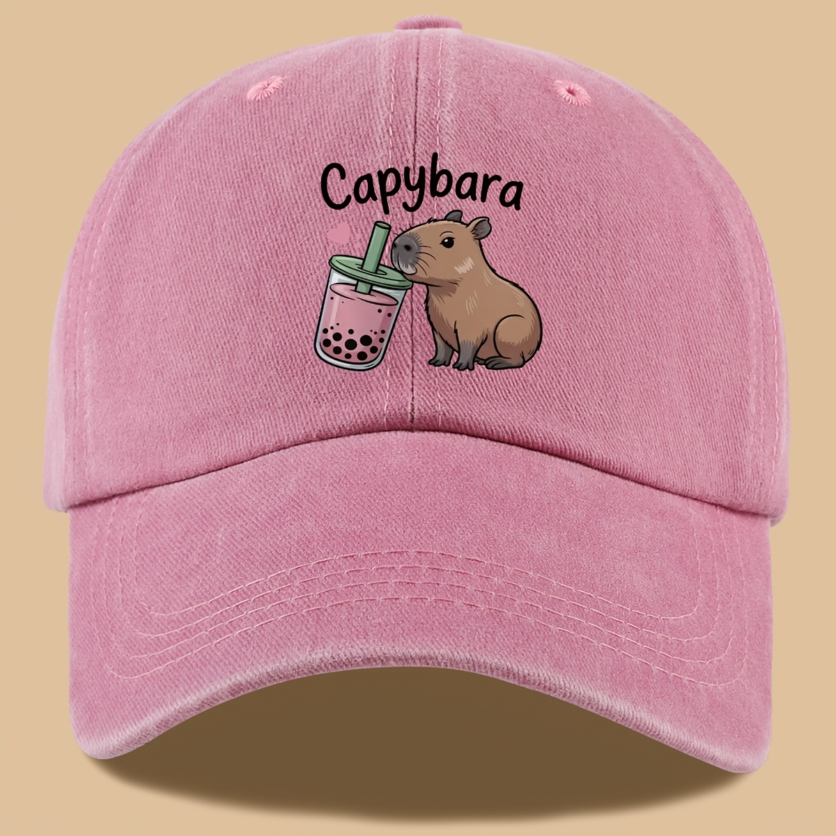 TEMU 1pc Cute And Printed Baseball Cap With Capybara Drinking Milk Tea Print, Urban Casual Headwear, Black Papa Trucker Hat, Solid Color Simple