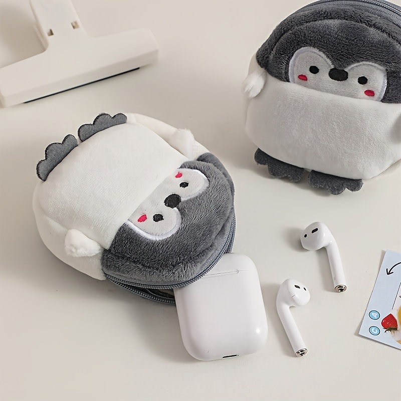 

Bdqpin Penguin Cartoon Mini Wallet - Lightweight Plush Zippered Coin Purse For Earphones, Keys & , White With Gray Accents, Ideal Christmas Gift, Bdqpin