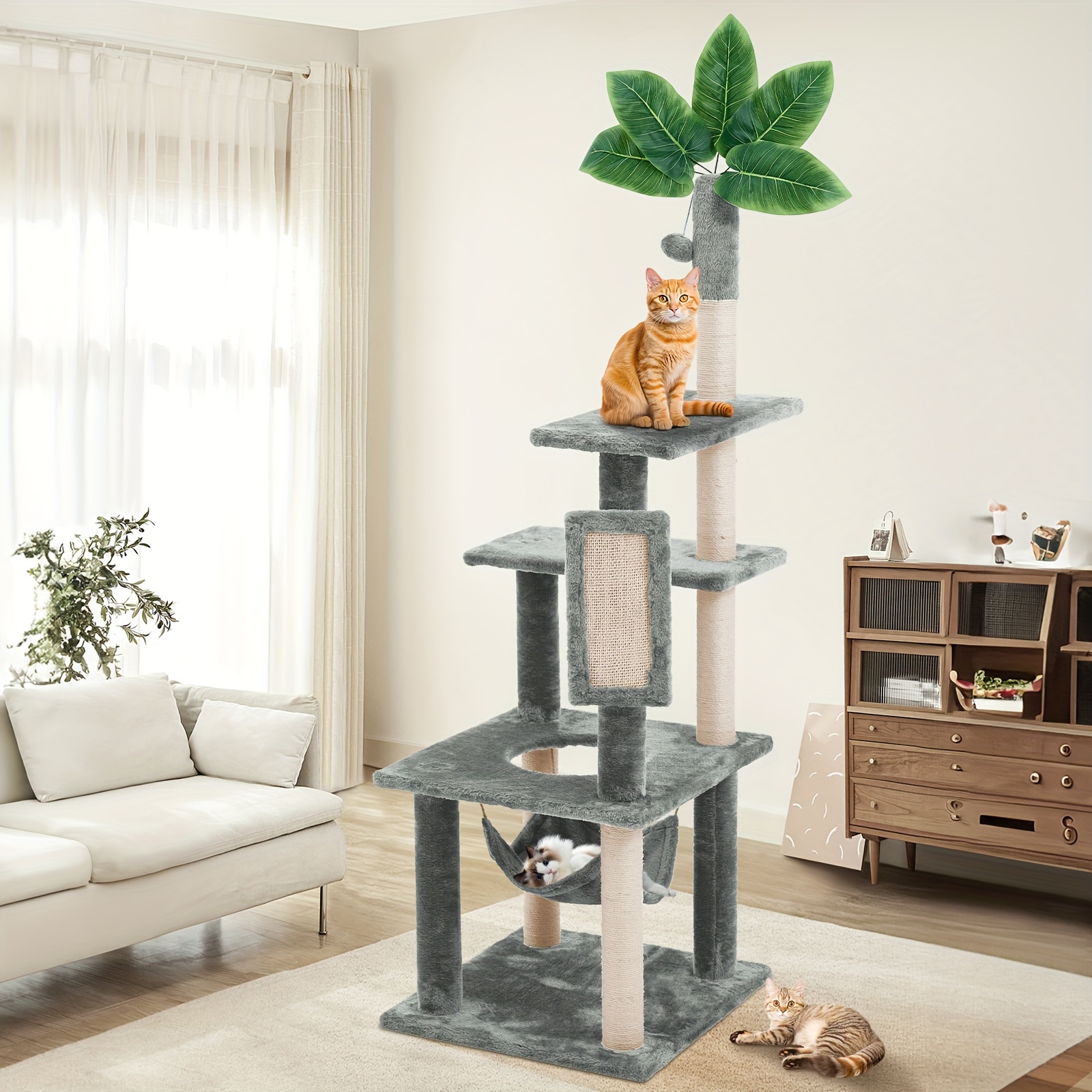 

Tscomon 61" Cat Tree For Indoor Cats With Green Leaves, Multi-level Large Cat Tower For Indoor Cats With Hammock, Toy And Cat Sisal Scratching Posts Cat Furniture, For Living Room, Bed Room, Kitchen