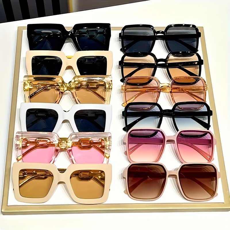 

12pcs 6 Pairs Of Personalized Golden-plated Chain Temple Fashion Glasses 6 Pairs Of Large Square Frame Dopamine Color Matching Decorative Glasses 12 Pairs Of Glasses Set