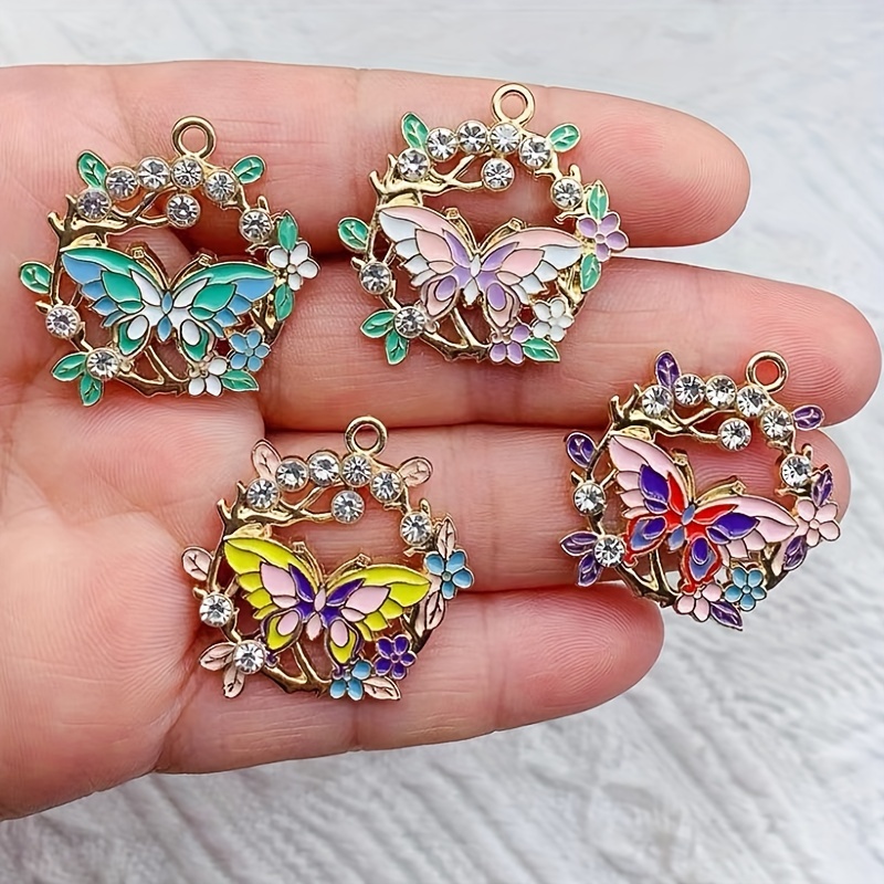 

8-pack Butterfly Charms For Jewelry Making, Zinc Alloy Enamel Pendants For Diy Necklaces And Earrings, Craft Accessories With Floral And Rhinestone Details