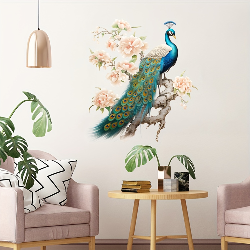 

2pcs Art Deco Style Peacock & Blossoms Removable Wall Decals, Self-adhesive Plastic Wall Stickers For Bedroom, Living Room, Kitchen, Office Decor
