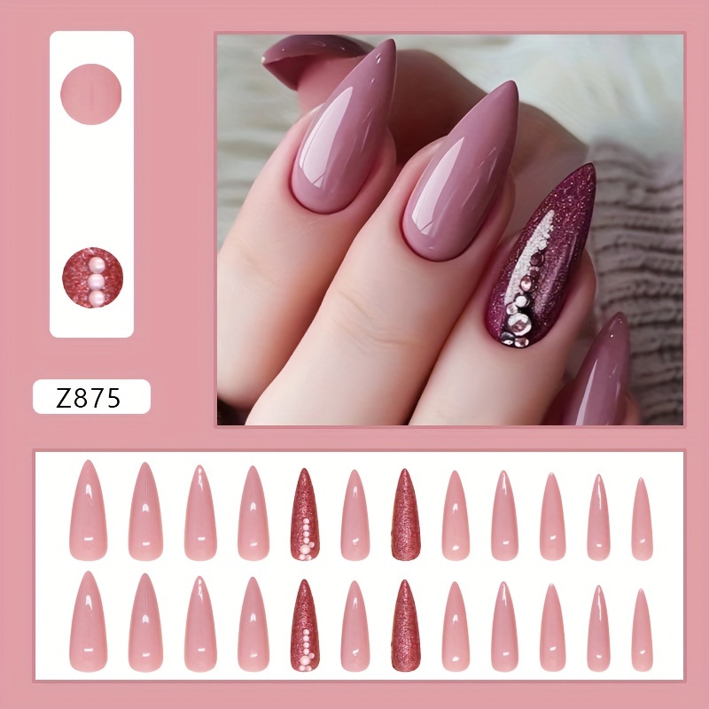 Image of Trade Fake Nails Almond Shape Solid Color Nail Tips Glitter Long Almond Style Rhinestone Nail Stickers, 24pcs