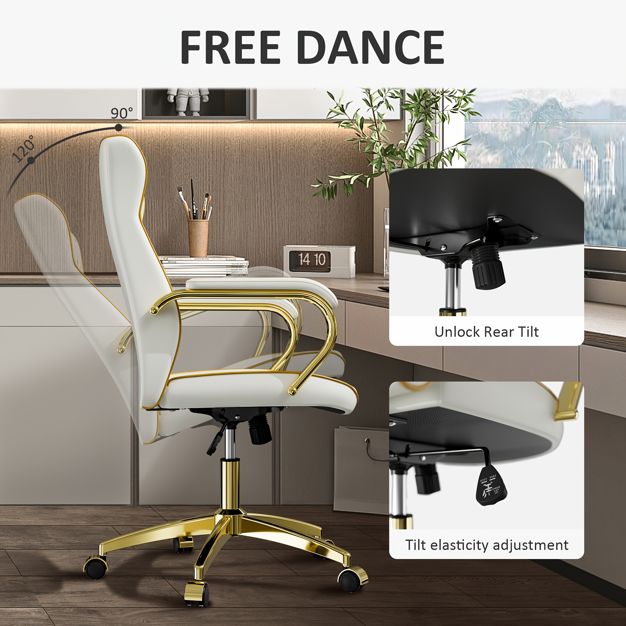 Executive High Back Office Chair With Tufted Design, Ergonomic Computer Desk Chair With Padded Armrests, Faux Leather Task Chair With Golden Metal Frame