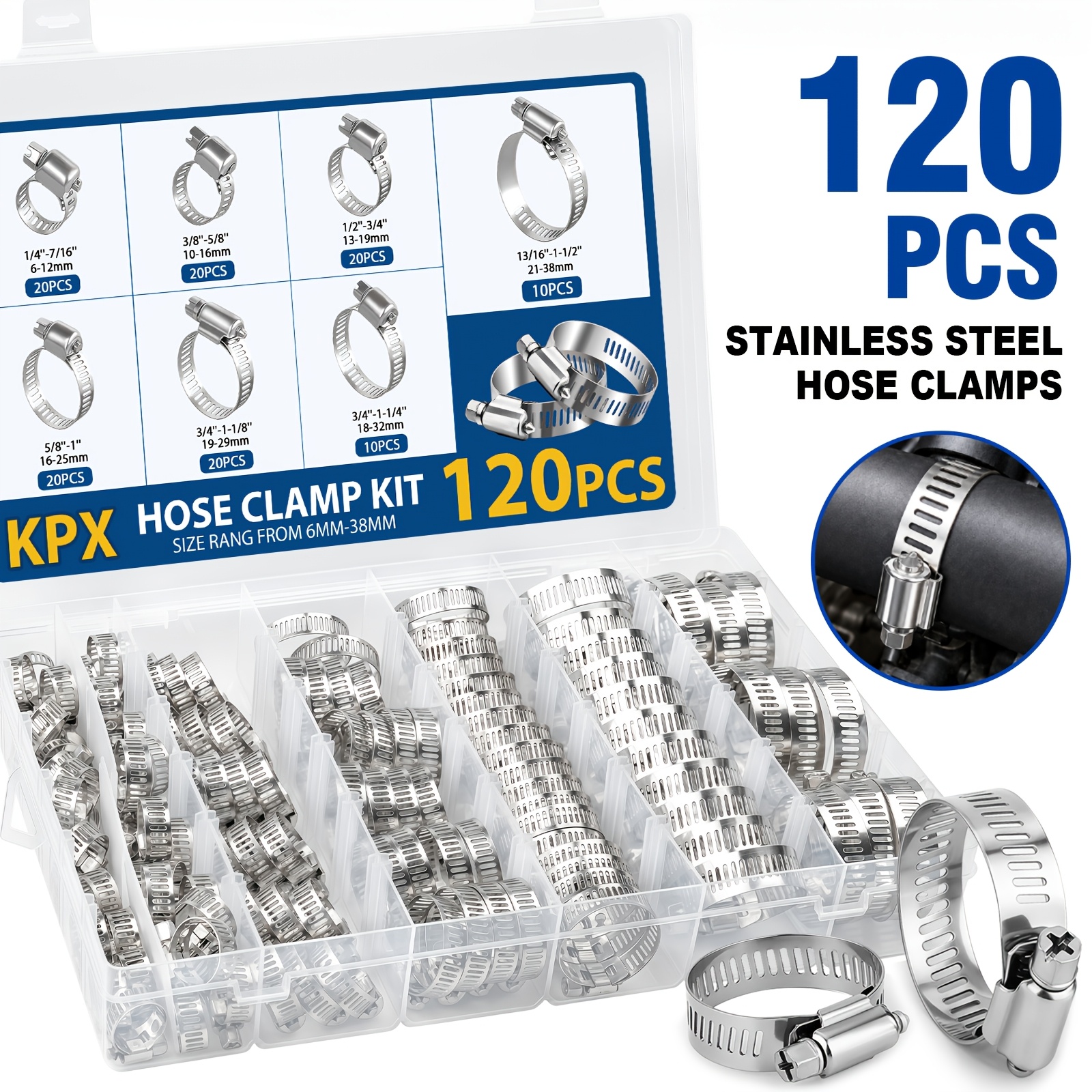 TEMU Kpx 120pcs Worm-type Stainless Steel Hose Clamp Combo Set, 6-38mm Adjustable Clamp Hose Clips, Suitable For Automotive Piping, Fuel Lines, Hose