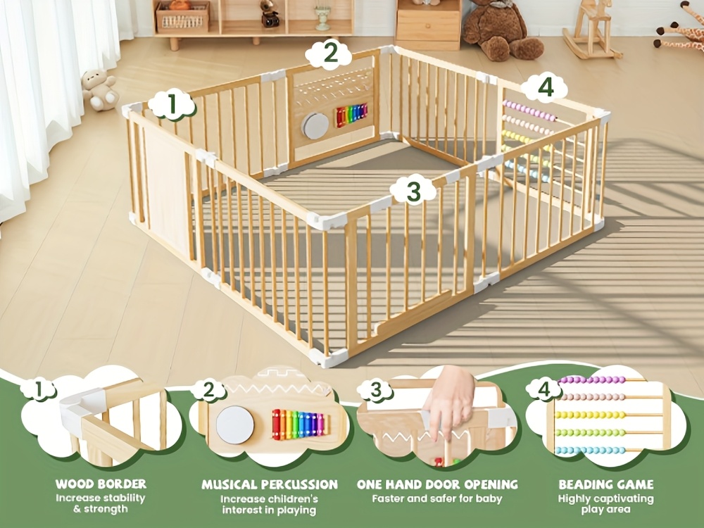 SLSY Foldable Wooden Baby Playpen Activity Center, Adjustable Size & Shape Portable Large Play Yard for Babies And Toddlers, Baby Fence Play Area Wood Gate 63