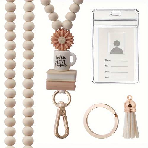 wooden bead necklace keychain with tassel english text teacher appreciation gift card holder lanyard accessory