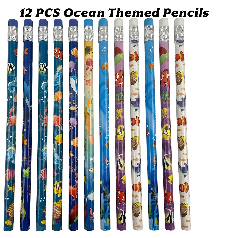 Image of 12pcs Ocean-themed Pencils With Eraser Tops, Perfect As Classroom Prizes For Students Who Excel In Marine Animal Rewards