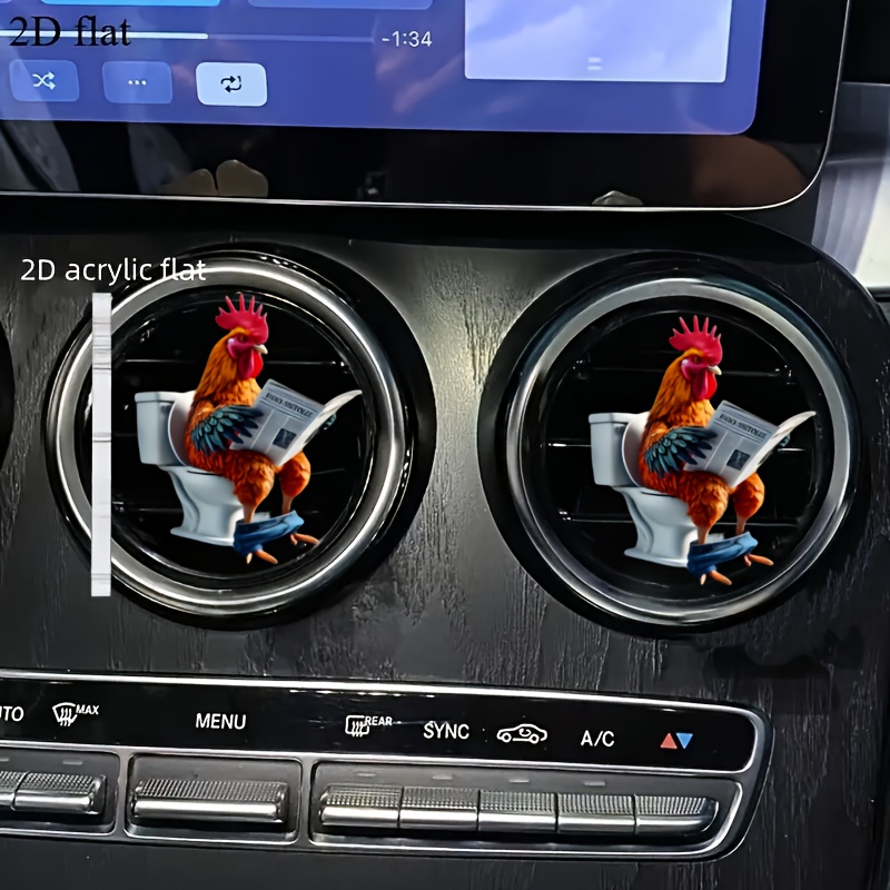 Image of 2d Flat 2pcs/set Cute Toilet Chicken Acrylic Car Air Freshener Set - Car Fragrance Diffuser, Car Vent Interior Accessory, Includes 2 Unscented Sponge Pads, A Small Christmas Gift, Without Battery