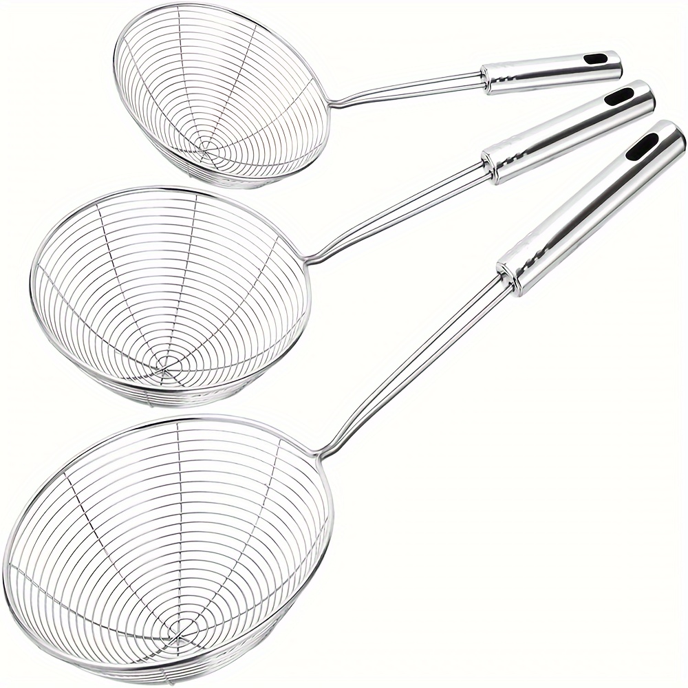 

precision Movement" 3-piece Set Extra Large Stainless Steel Spider Strainer - Long Handle Skimmer Ladle For Frying & Cooking, Professional Kitchen Pasta Strainer - 13.4", 15", 16" Sizes