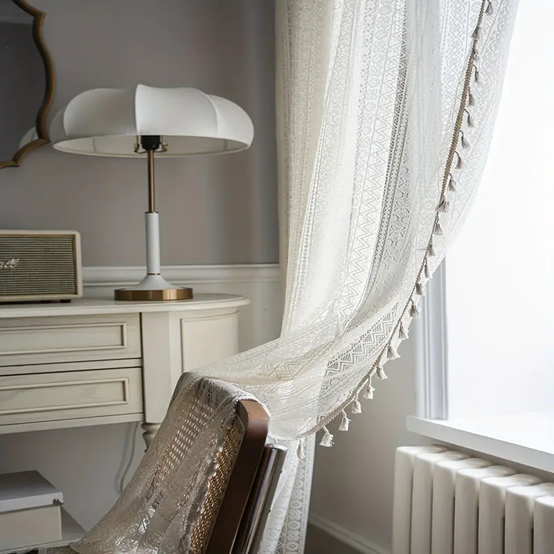 Rideaux Campagne Pompons Crochet 150x70 Cm – Style Vintage Lin Beige/Blanc, 2 Pièces, Pour Cuisine & Salon
