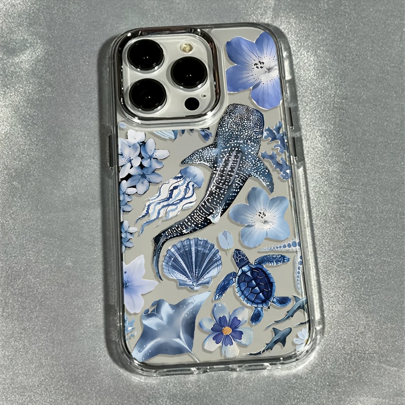 TEMU Coque de téléphone - 1pc Coque de téléphone avec cadre en métal transparent, comprenant une base transparente avec un requin- bleuté, une tortue