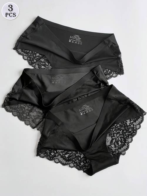 photo de l'article 3pcs cu s hipster en dentelle couture pour femmes - & respirantes taille moyenne, confortable avec détails en dentelle élégants, nylon/spandex, lavable à - noir
