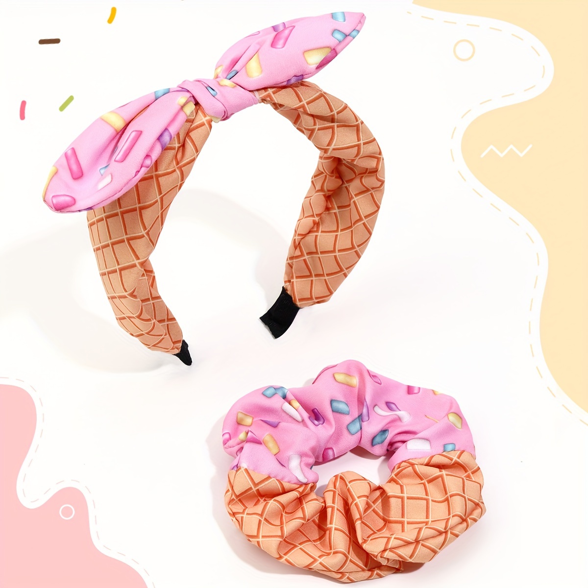 

2pcs Ice Cream Hair Accessories Set For Women Ears Hairband Fold Chocolate Scrunchies For Women Summer Dress Up