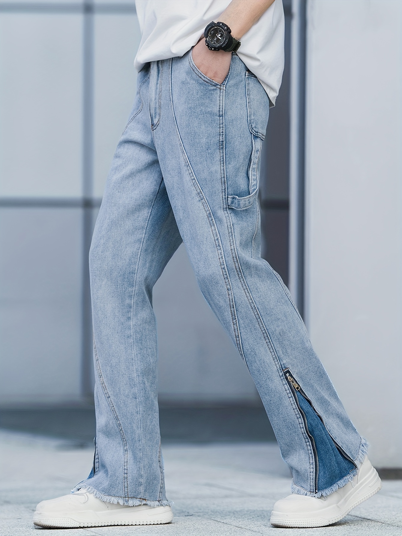Multi Pocket Wide Leg Jeans Men's Casual Street Style Loose - Temu