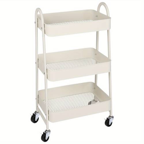 3 tier metal rolling utility cart with lockable wheels storage shelf for kitchen bathroom living room narrow spaces durable metal construction easy assembly versatile rolling storage cart