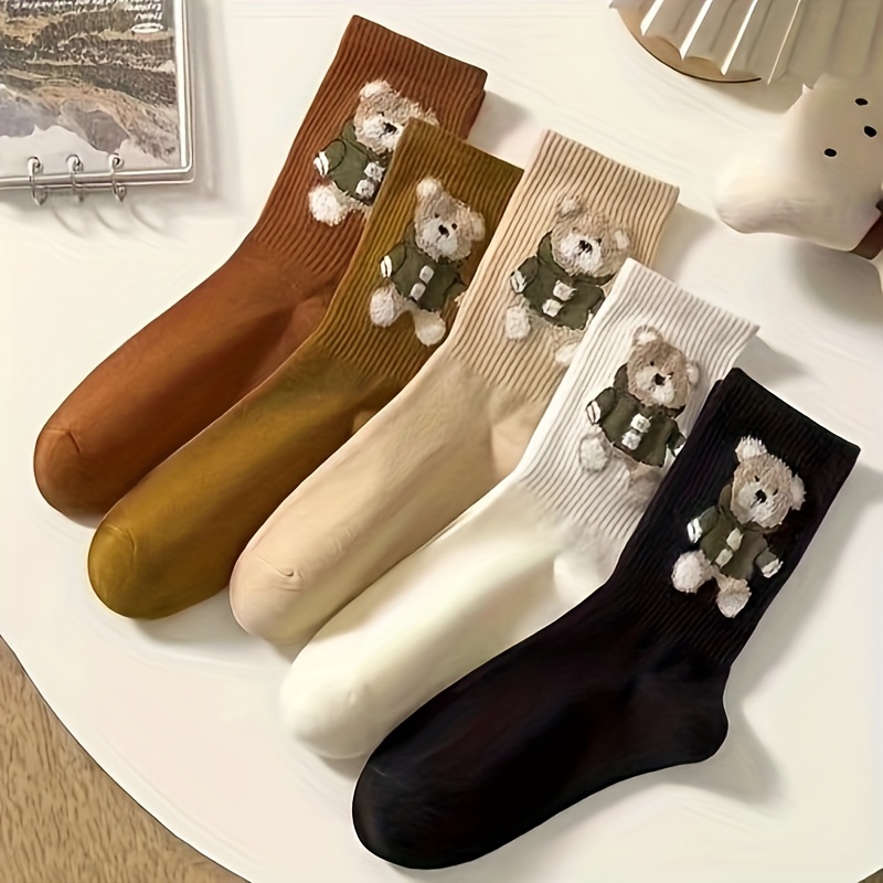 

5 Pairs Bear Socks, Cute College Style Mid Tube Socks For Fall & Winter, Women's Stockings & Hosiery