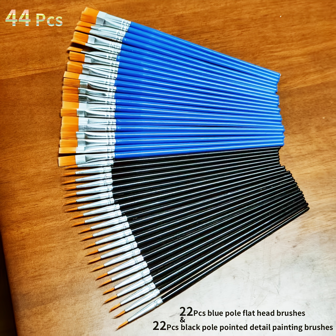 TEMU 44pcs Nylon Bristle Professional Painting Set, Includes 22pcs Blue Handle Flat Top Brushes And 22pcs Black Handle Detail Tip Brushes, Suitable
