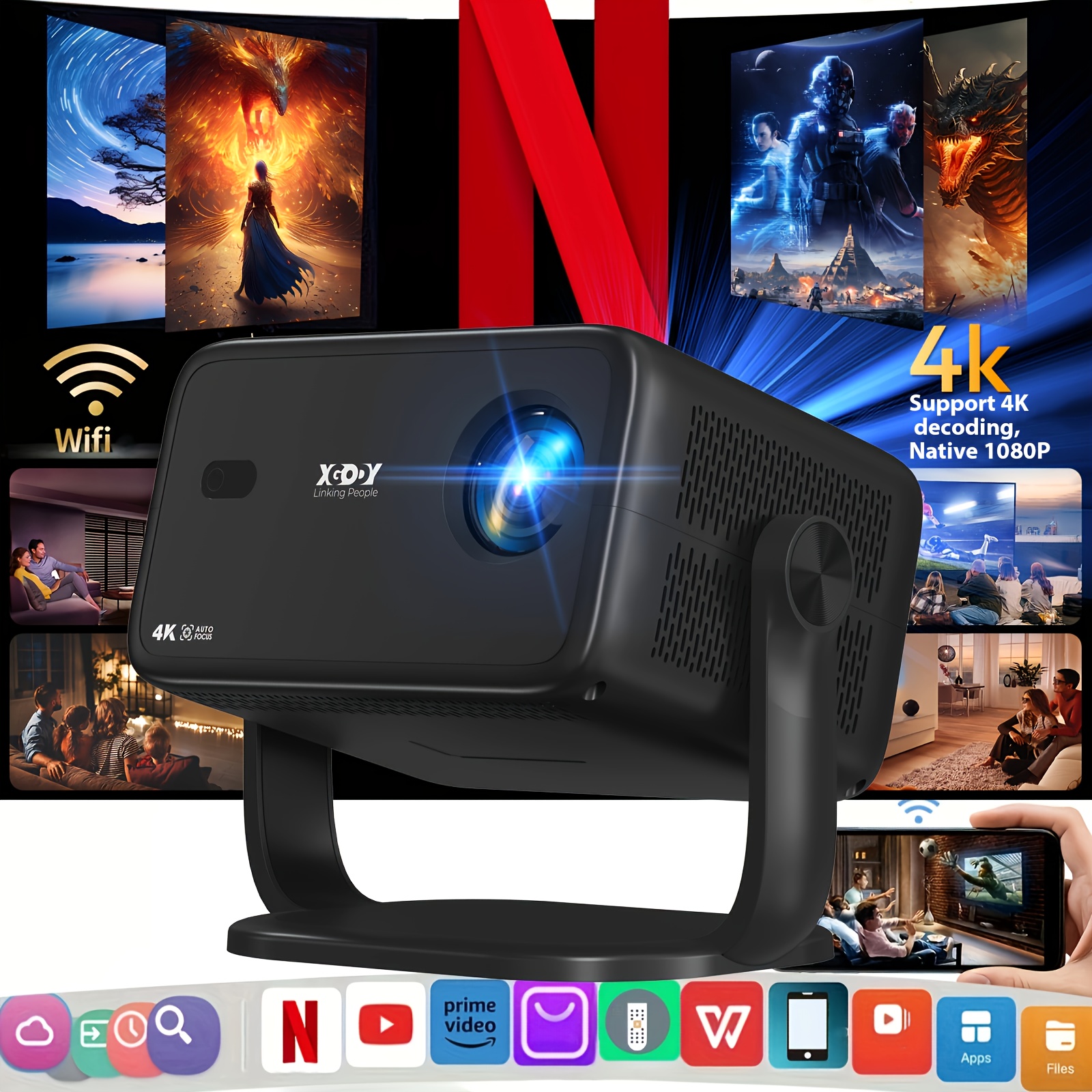 E-shop XGODY Neuer Full HD Projektor, 510ANSI, 1920X1080P, Unterstützt 4K, 11.0, Wifi 5G, Autofokus, Trapezkorrektur, Smart Home Theater