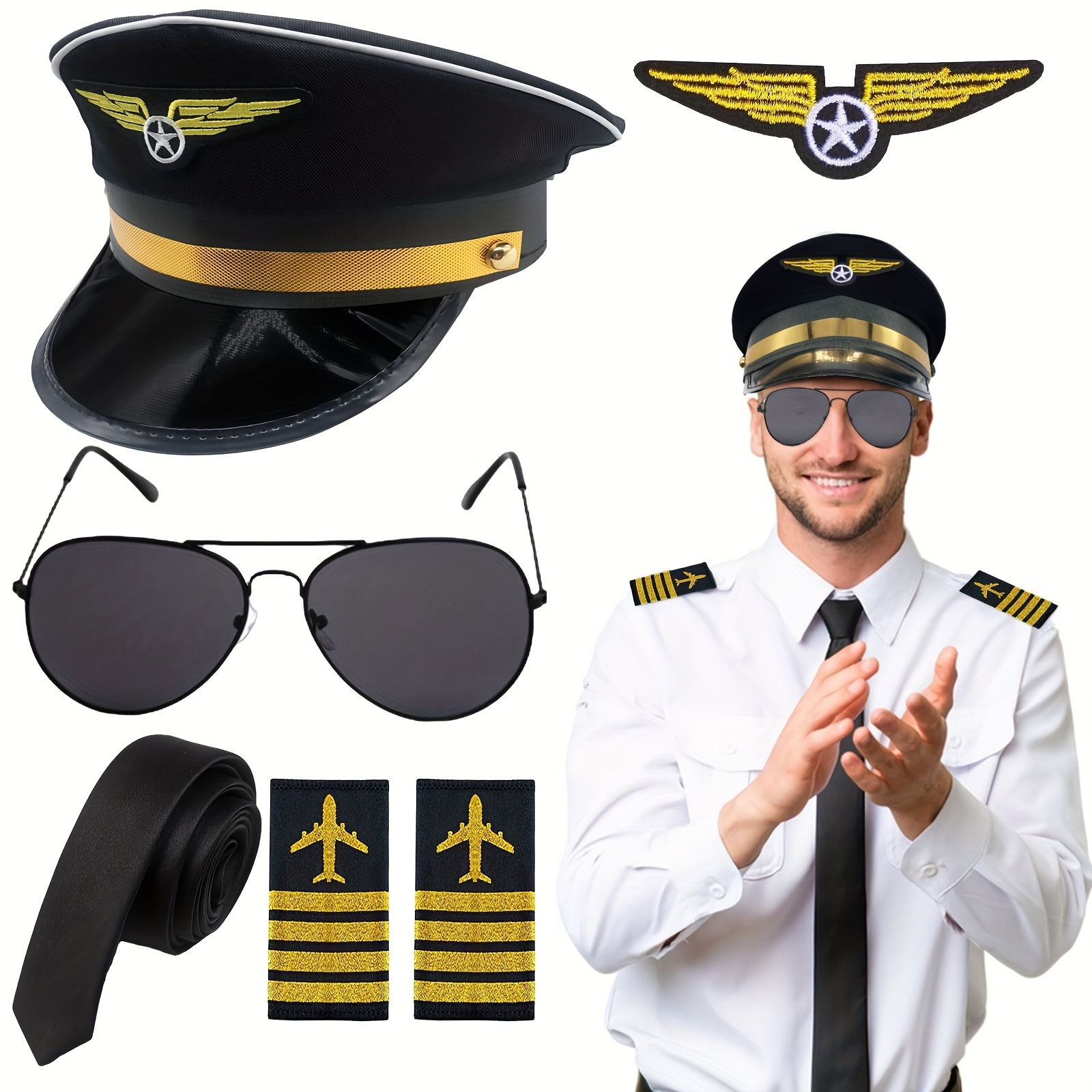 

5pcs Adult Captain Costume Accessory Set - Polyester Uniform Cap With Badge, Fashion Glasses, Adjustable Epaulets, And Necktie - Professional Hand Washable Dress- For Parties And Cosplay