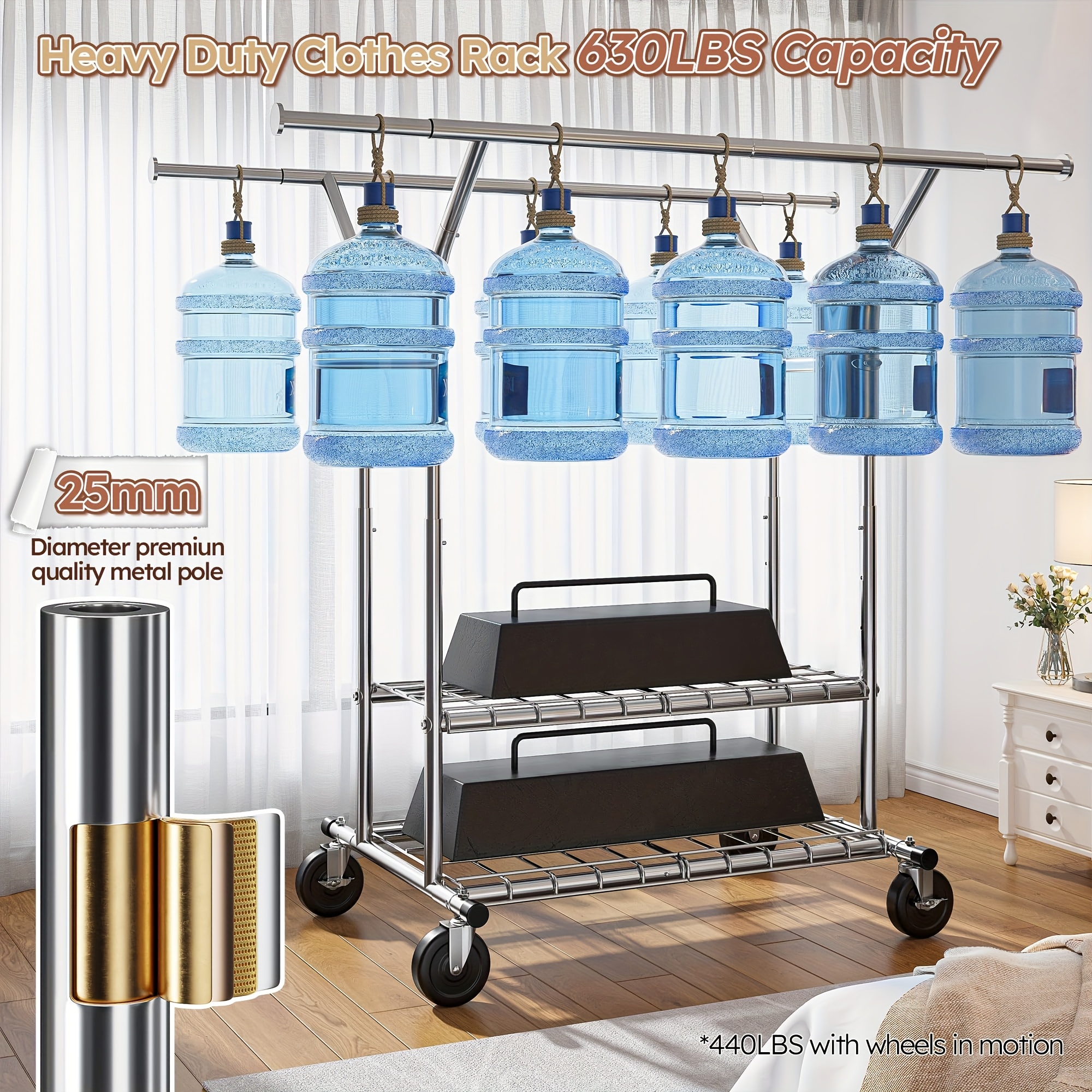 TEMU Organisateur de vêtements à double barre extra sur roulettes, hauteur réglable 56.32-77 pouces, un étagère de rangement, portant à vêtements