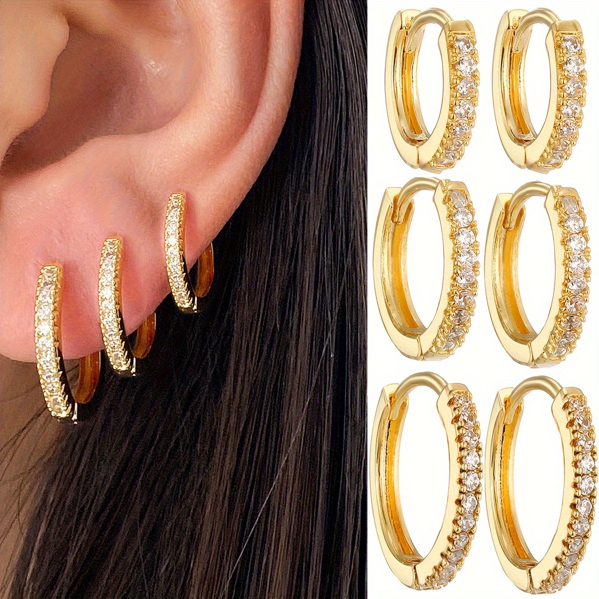 

A Set Of 6 Pieces, Stylish And High-end Zirconia Inlaid Geometric Circular Earrings Set, Made Of Copper, Suitable For Daily Parties And Gifting