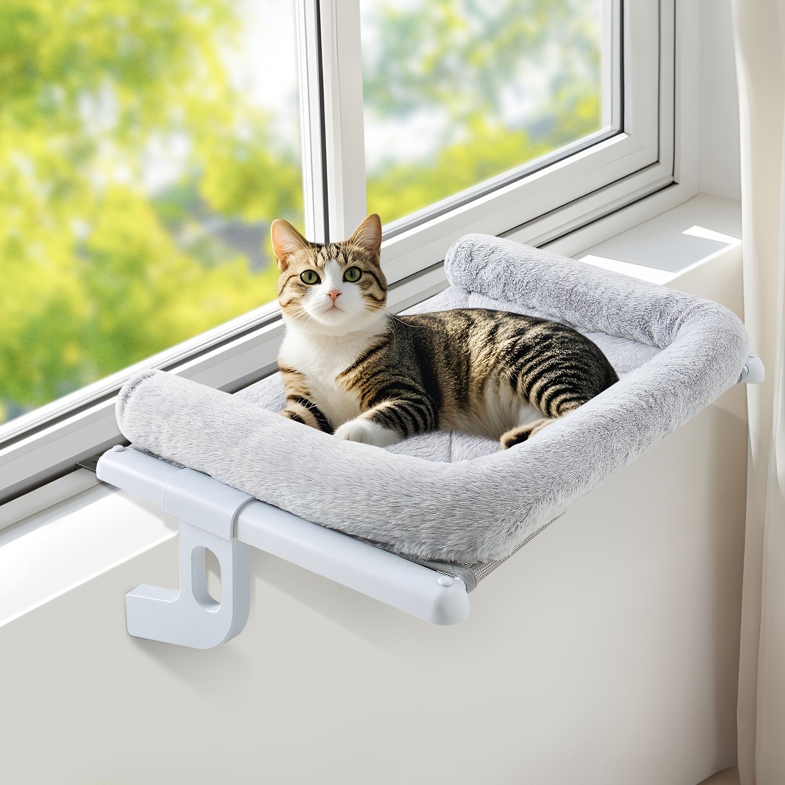 Zoratoo Window Sill Mount Cat Perch For Indoor Cats, One-Step Sliding Clamping Slot Adjustment Hammock With Removable Two Fabrics Cover, No Suction Cups Bed For Windowsill & Bedside (XL