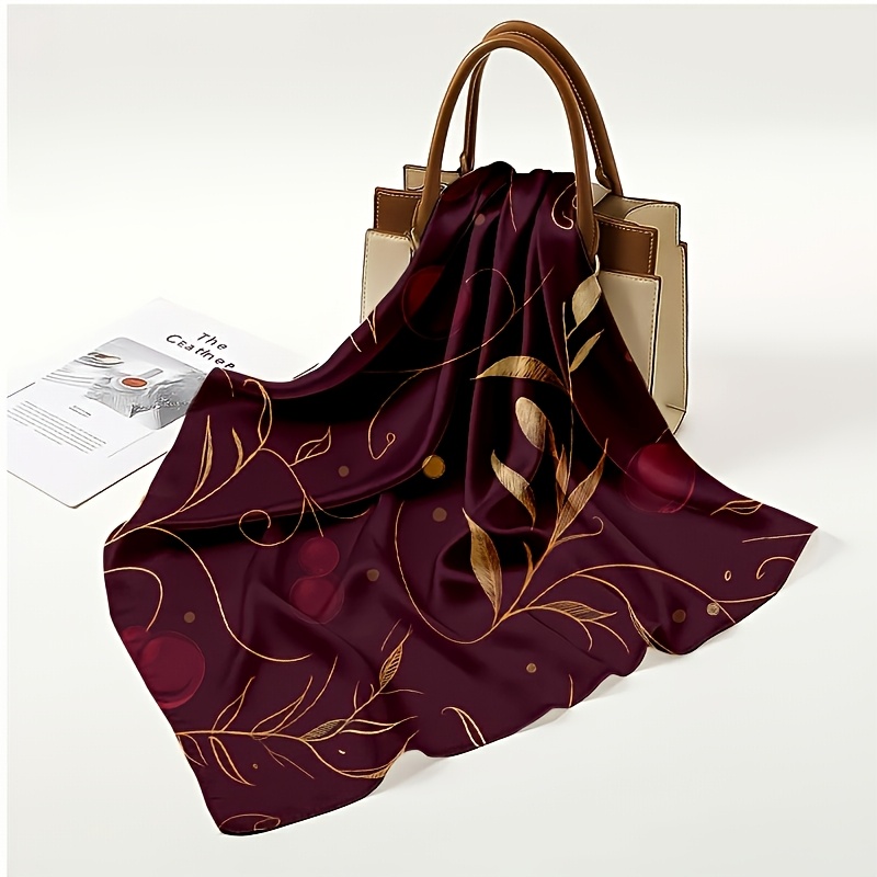 TEMU 1pc Lightweight And Soft Vintage-style Scarf With Cherry And Golden Twined Branch And Leaf Pattern - Square Scarf - Suitable For Daily ,