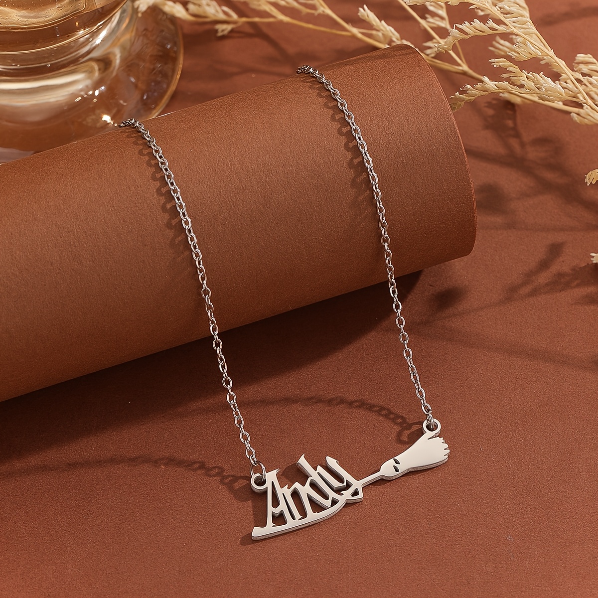 Image of Personalized Magic Broom Name Necklace - Stainless Steel English Letter Pendant Necklace, Adjustable Chain Personalized & Wizard Jewelry, Trendy Women's Jewelry